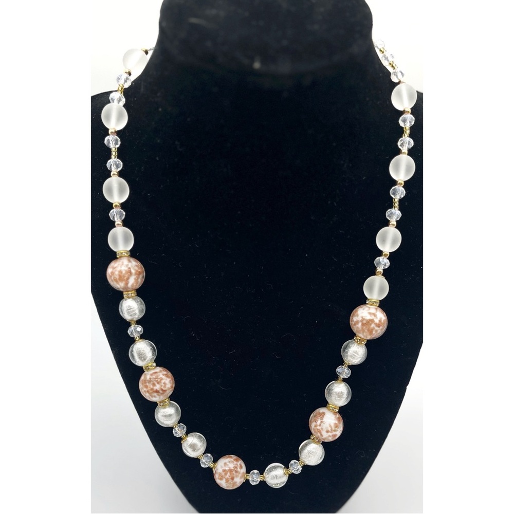 Rare White  & Roségold, Gold  CC Zecchin  Venice Murano Glass Bead 19” Necklace